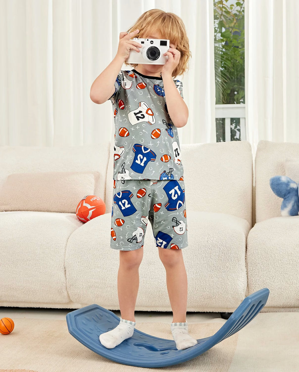 Football Reverie bamboo short two-piece pajamas, lifestyle view 2