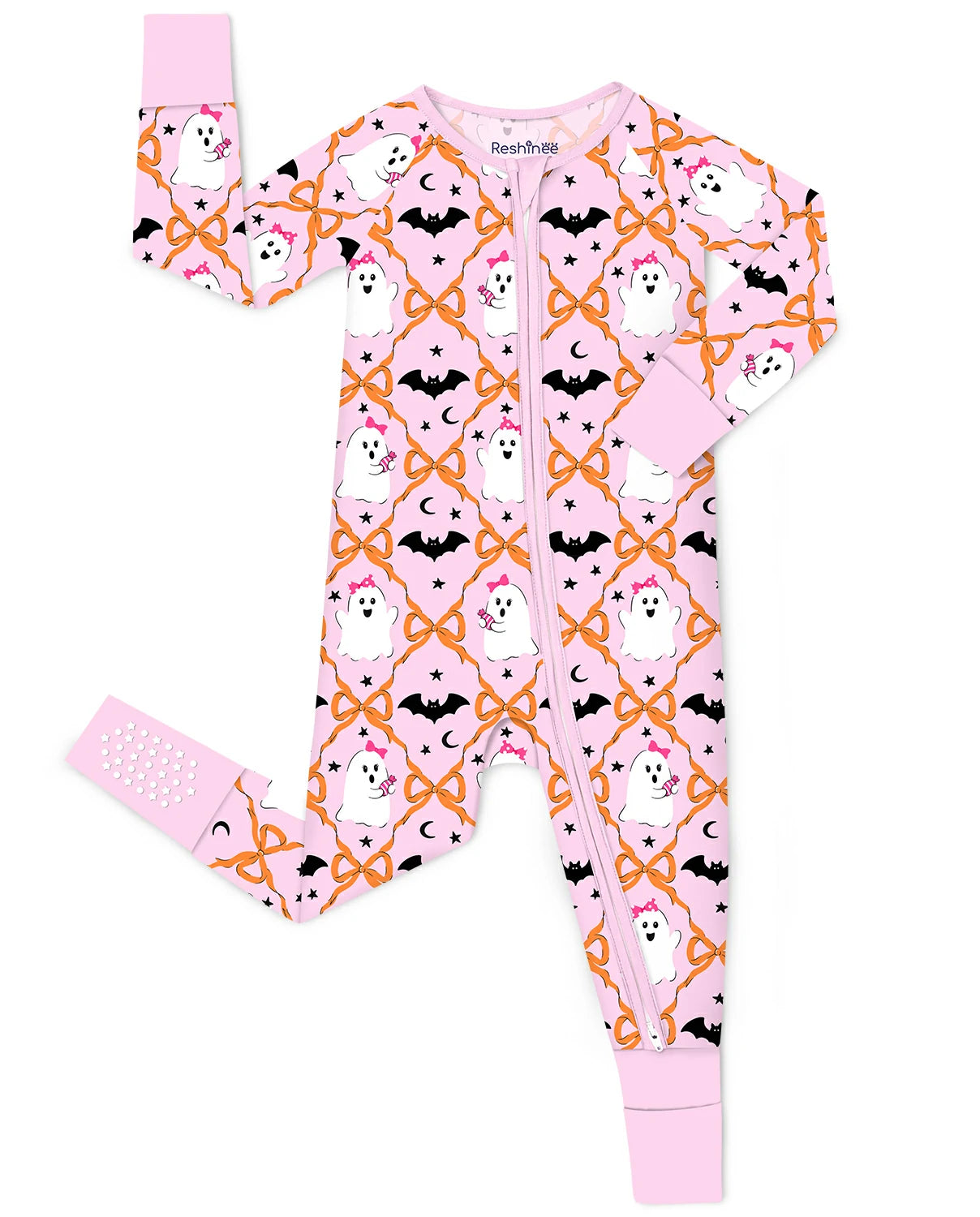Ghost Bows Bamboo Zippy with pink Halloween ghost, bow and bat print