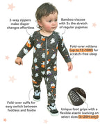 Ghostie Sports Club Bamboo Zippy feature guide showing two-way zipper fold-over mittens fold-over cuffs and foot grips
