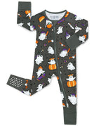 Ghostie Sports Club Bamboo Zippy with Halloween ghost sports print two-way zipper fold-over cuffs and grippy footie details