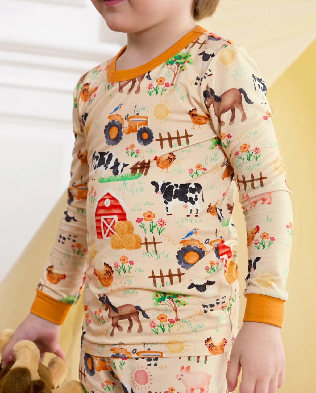 Happy Farmyard Long Two-Piece Pajama Set, happy farmyard bamboo long two piece pjs lifestyle 11