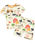 Happy Farmyard Short Two-Piece Pajama Set - short-sleeve pajama top and shorts laid flat on white