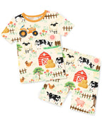 Happy Farmyard Short Two-Piece Pajama Set - short-sleeve pajama top and shorts laid flat on white