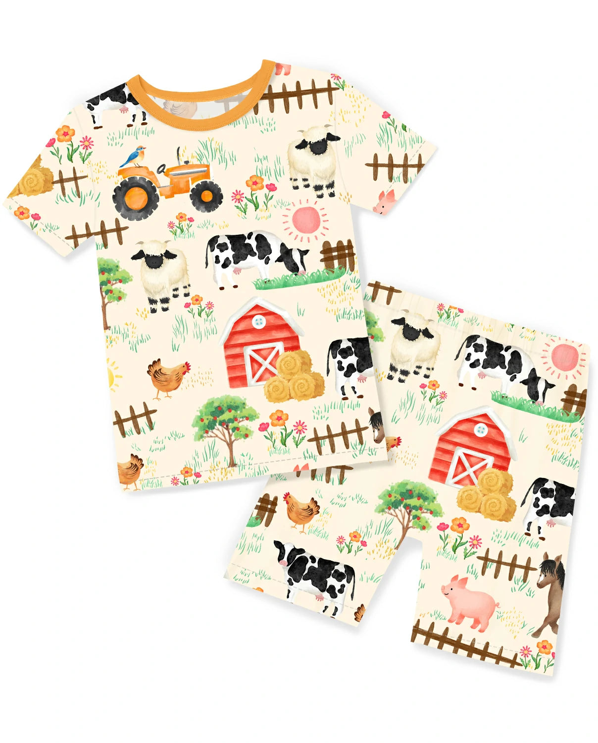 Happy Farmyard Short Two-Piece Pajama Set - short-sleeve pajama top and shorts laid flat on white