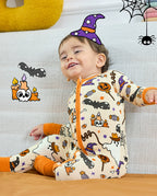 Baby wearing Happy Hallowboo Bamboo Zippy with Halloween ghost pumpkin and candy print