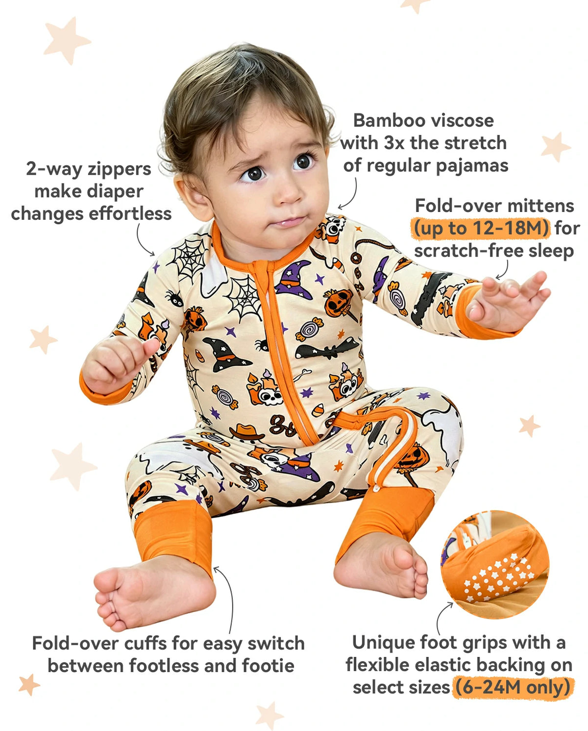 Happy Hallowboo Bamboo Zippy feature infographic showing two-way zipper fold-over mittens convertible foot cuffs bamboo viscose stretch and foot grips