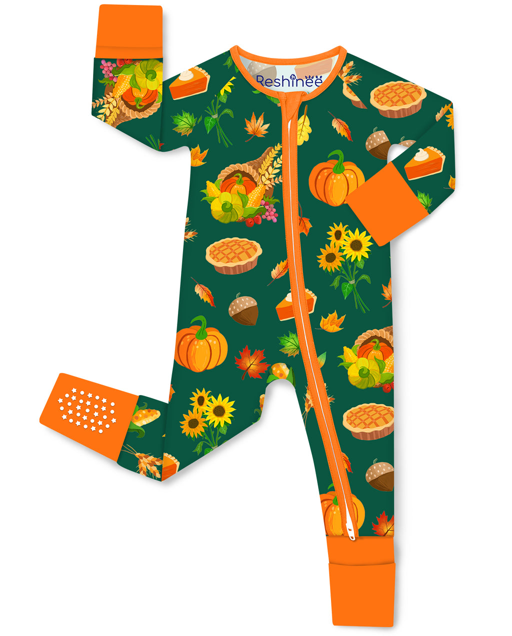 White-background flat lay of Harvest Feast Bamboo Zippy showing orange trim, zipper and fold-over cuffs.