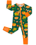 White-background flat lay of Harvest Feast Bamboo Zippy showing orange trim, zipper and fold-over cuffs.