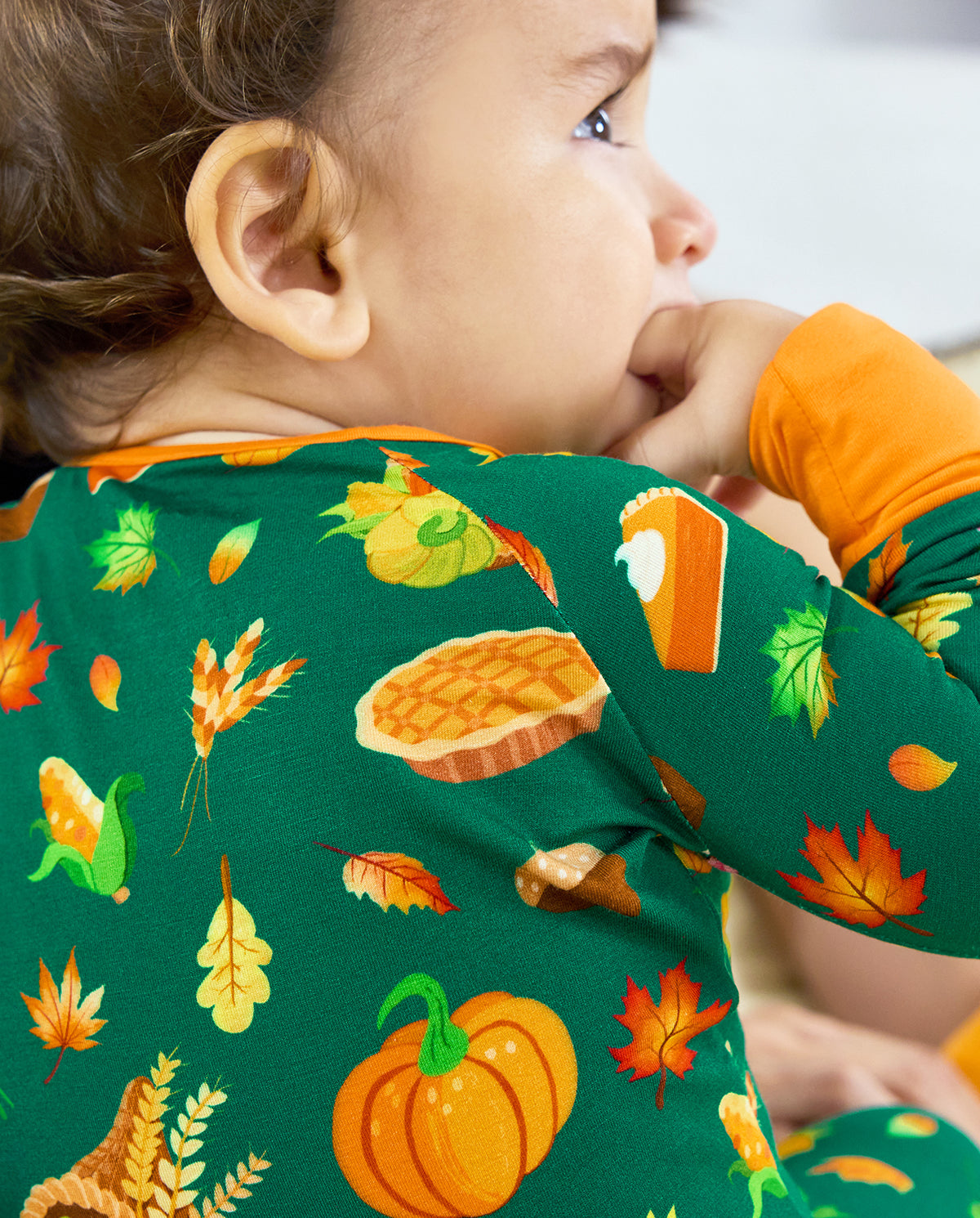 Close-up of the Harvest Feast print with pumpkin, pie, corn, wheat and autumn leaves.