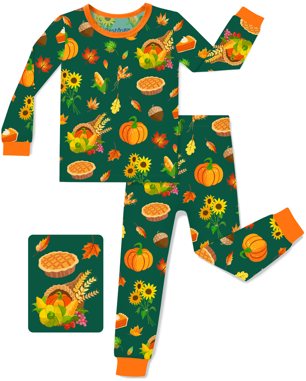 Harvest Feast long-sleeve top and pants laid flat on a white background with orange trim.