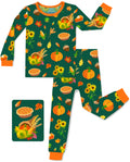 Harvest Feast long-sleeve top and pants laid flat on a white background with orange trim.
