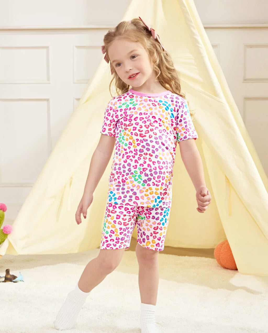 Heart Leopard Short Two-Piece Pajama Set, heart leopard bamboo short two piece pjs lifestyle 01
