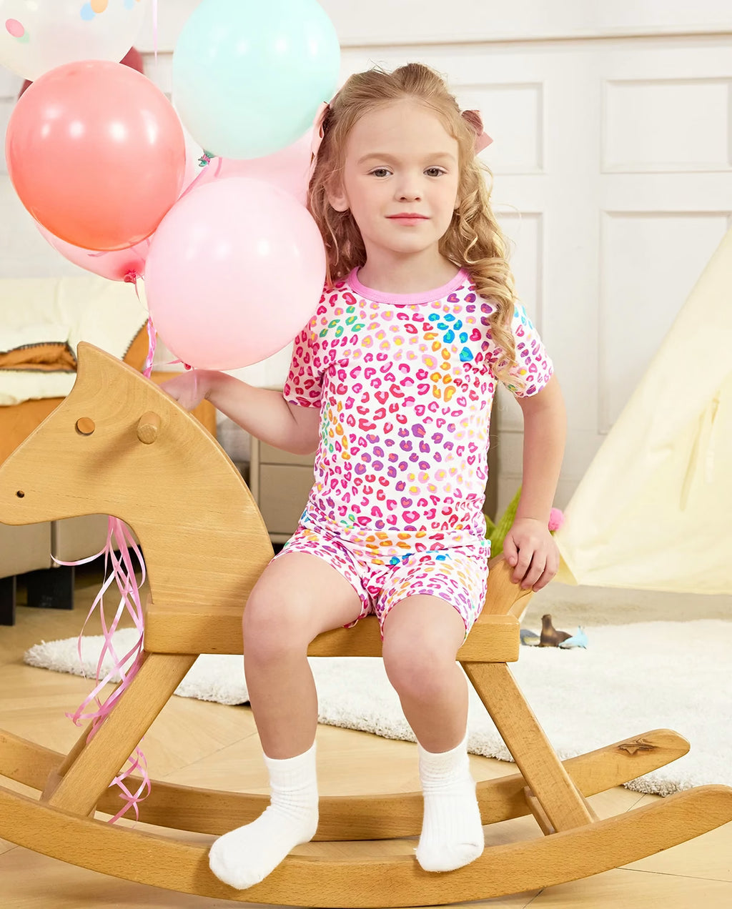 Heart Leopard Short Two-Piece Pajama Set, heart leopard bamboo short two piece pjs lifestyle 02