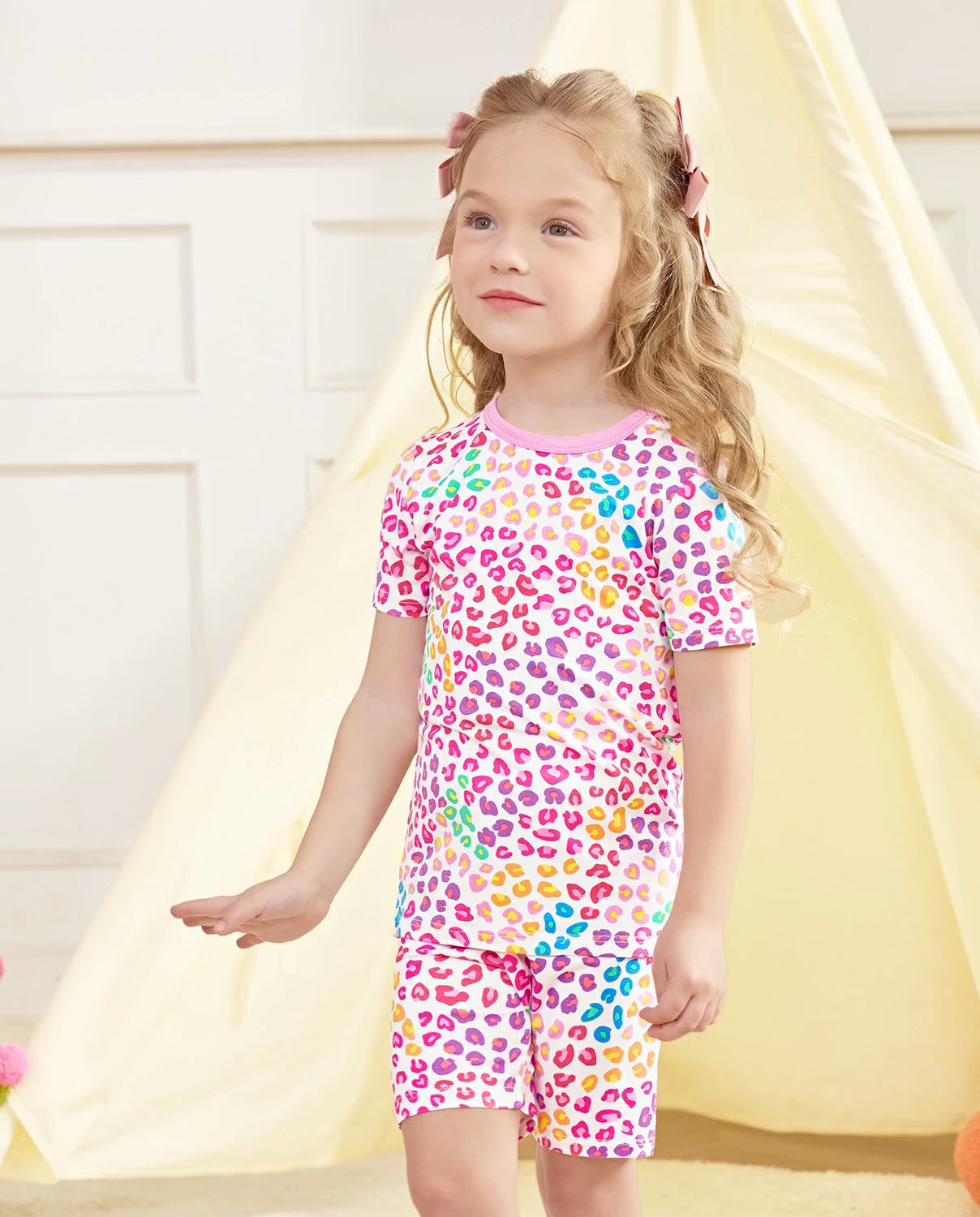 Heart Leopard Short Two-Piece Pajama Set, heart leopard bamboo short two piece pjs lifestyle 03