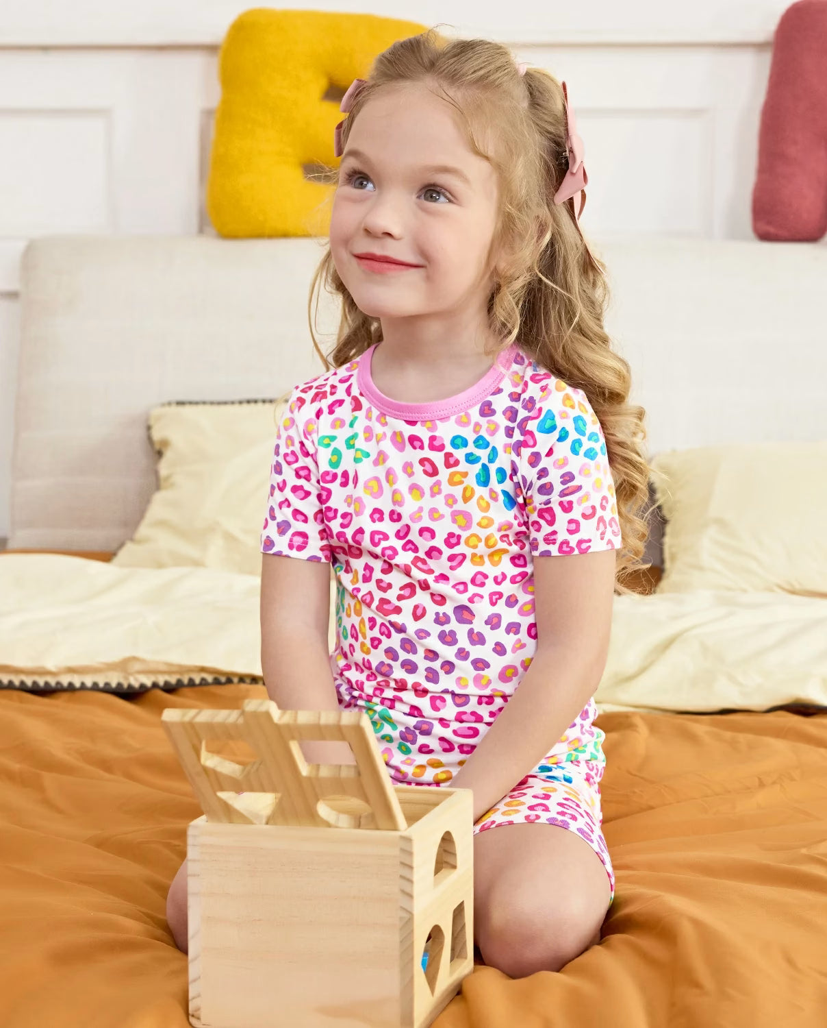 Heart Leopard Short Two-Piece Pajama Set, heart leopard bamboo short two piece pjs lifestyle 05