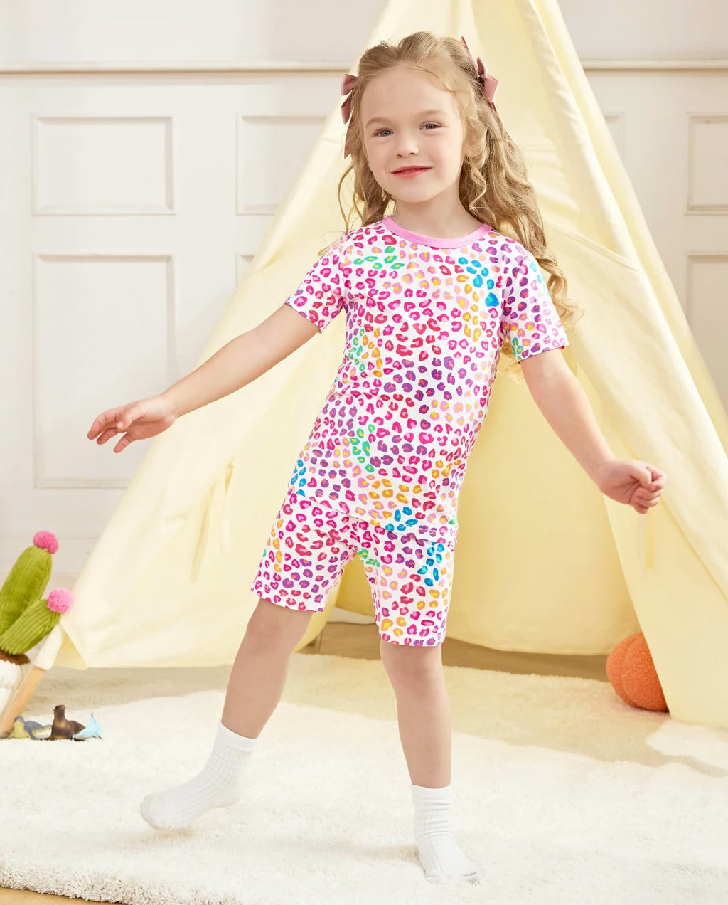 Heart Leopard Short Two-Piece Pajama Set, heart leopard bamboo short two piece pjs lifestyle 08