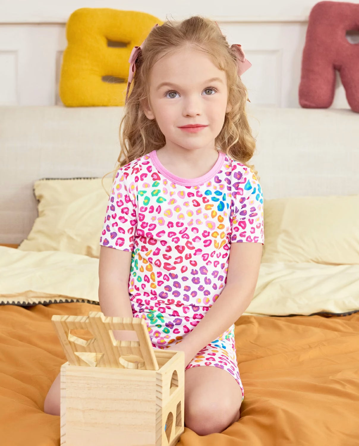 Heart Leopard Short Two-Piece Pajama Set, heart leopard bamboo short two piece pjs lifestyle 09