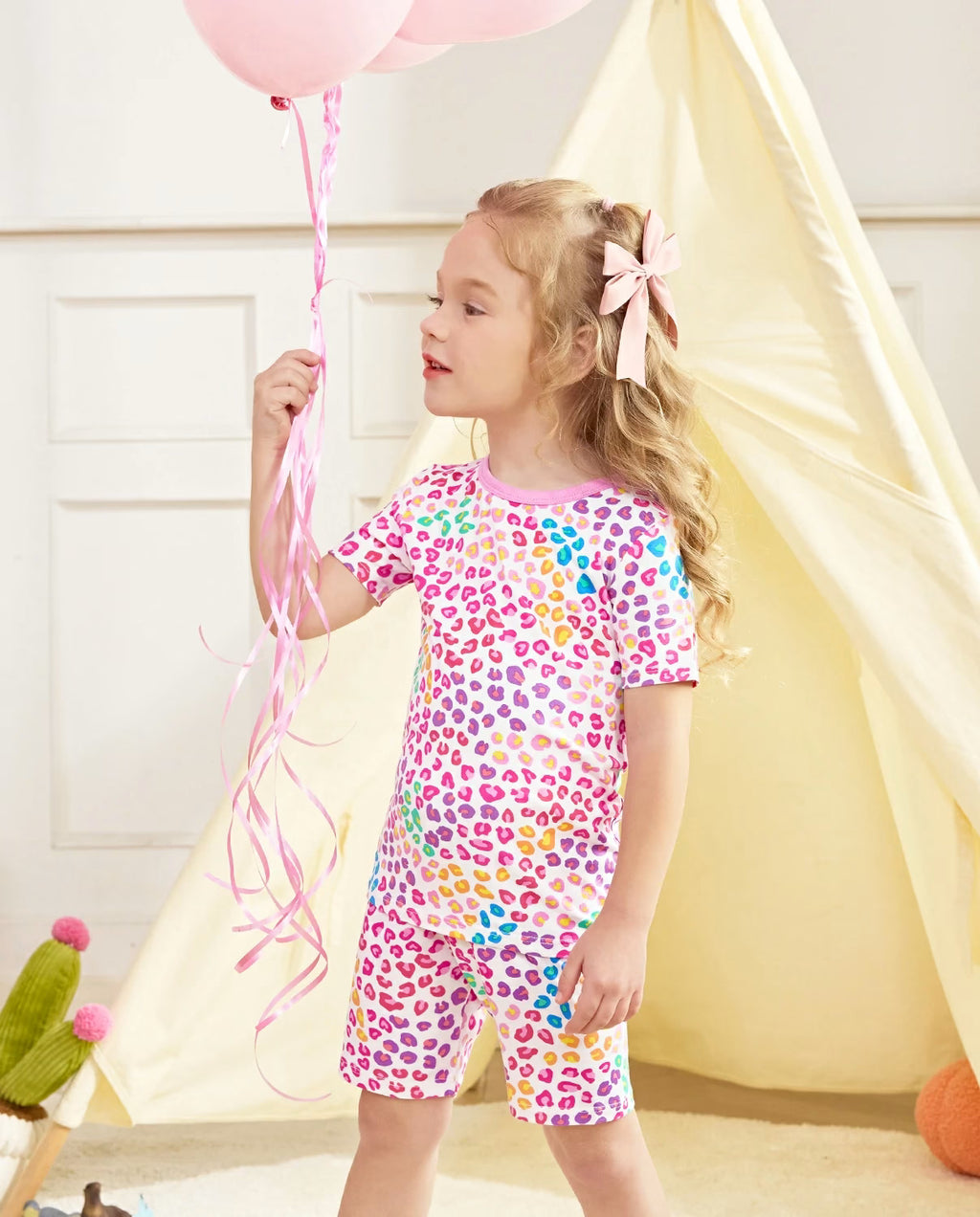 Heart Leopard Short Two-Piece Pajama Set, heart leopard bamboo short two piece pjs lifestyle 10