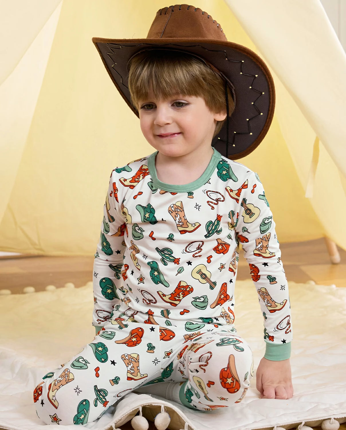 Howdy Cowboy Long Two-Piece Pajama Set, howdy cowboy bamboo long two piece pjs lifestyle 01