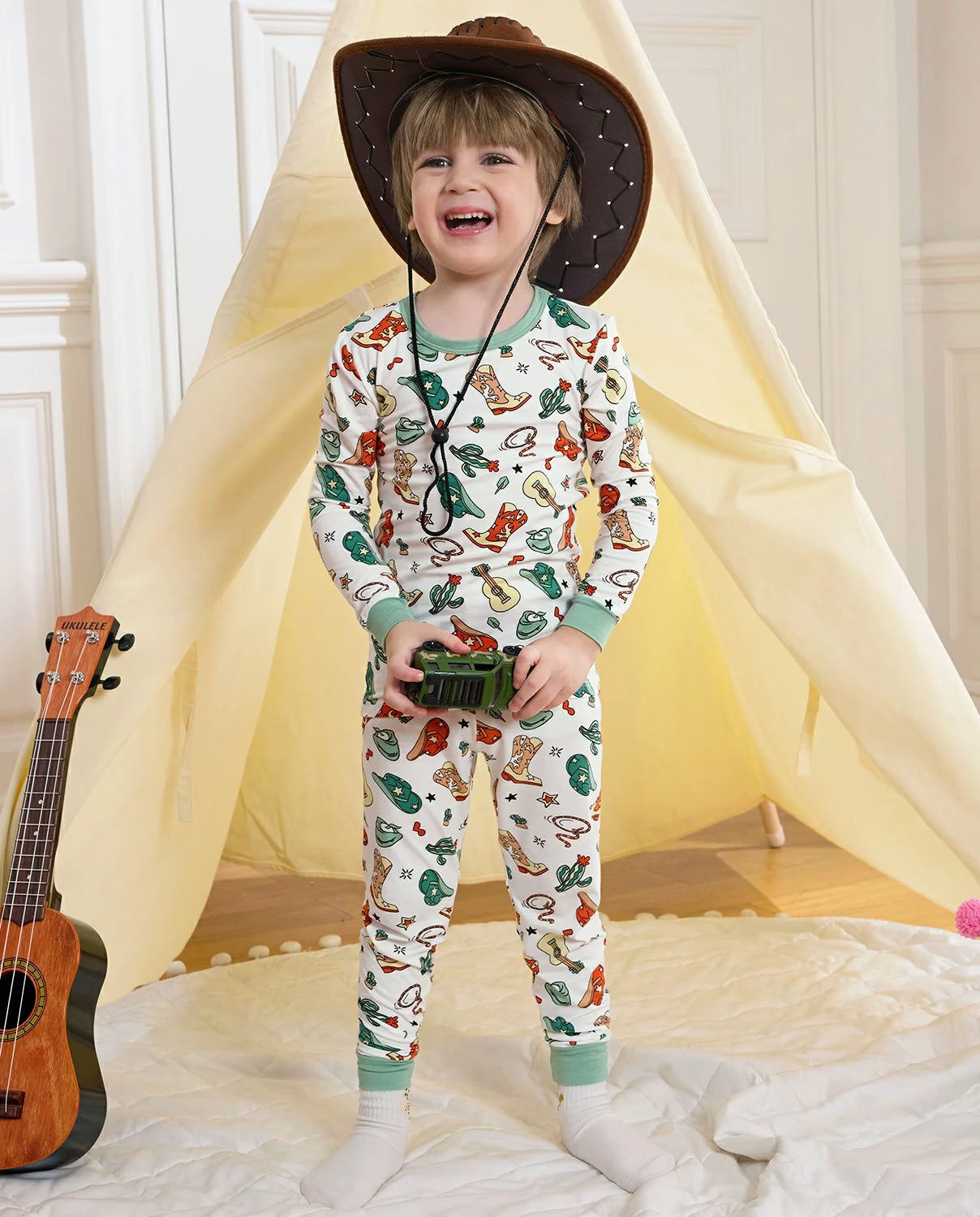 Howdy Cowboy Long Two-Piece Pajama Set, howdy cowboy bamboo long two piece pjs lifestyle 02