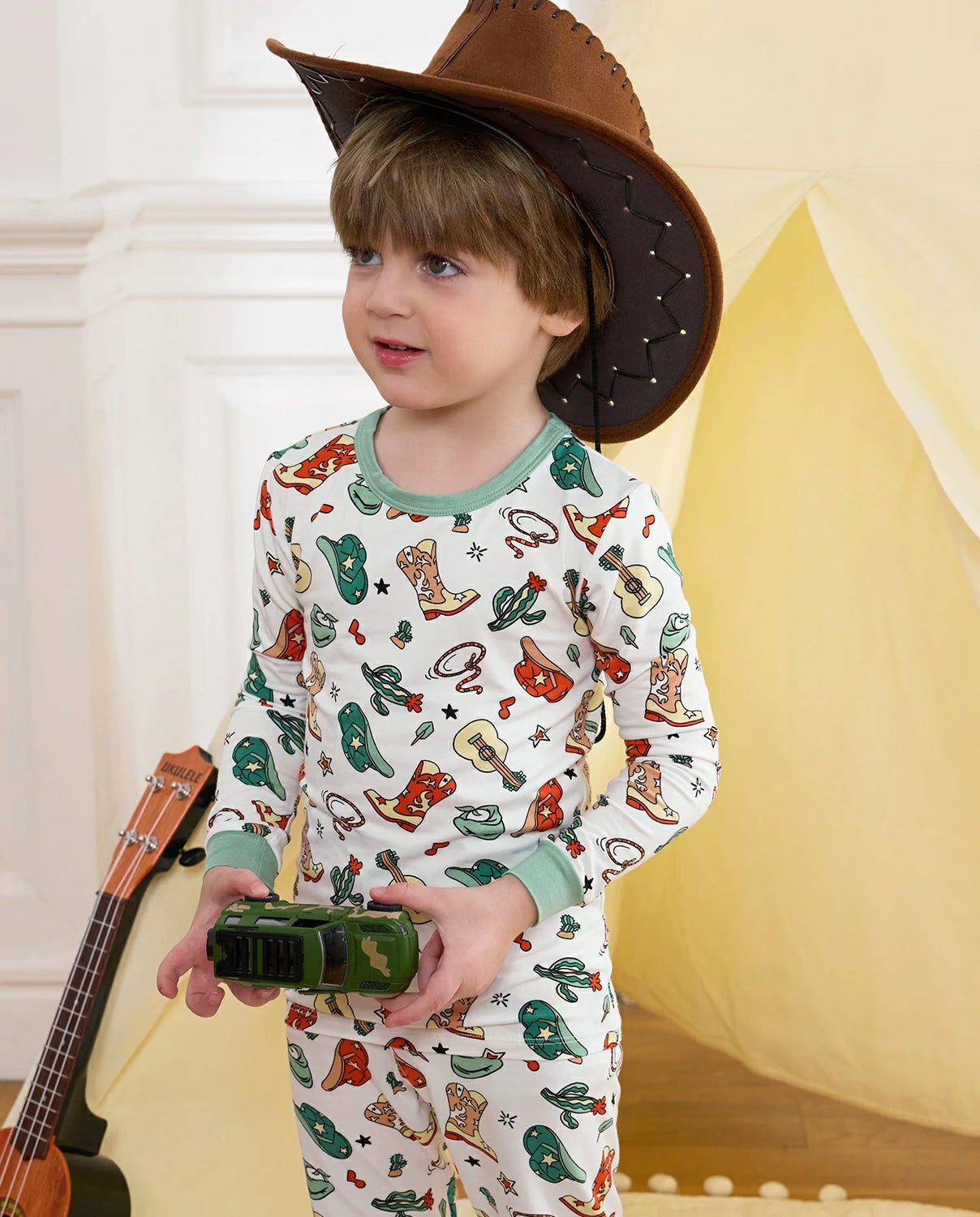 Howdy Cowboy Long Two-Piece Pajama Set, howdy cowboy bamboo long two piece pjs lifestyle 05