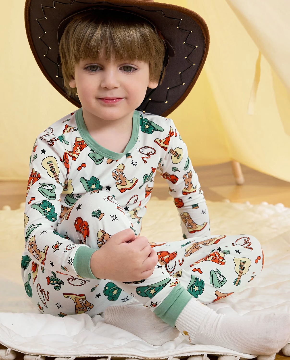 Howdy Cowboy Long Two-Piece Pajama Set, howdy cowboy bamboo long two piece pjs lifestyle 07