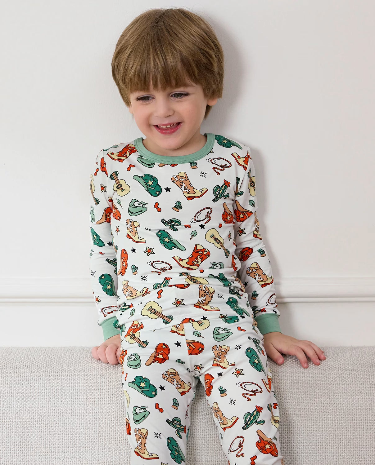 Howdy Cowboy Long Two-Piece Pajama Set, howdy cowboy bamboo long two piece pjs lifestyle 10