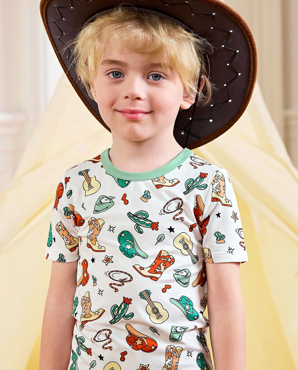Howdy Cowboy Short Two-Piece Pajama Set, howdy cowboy bamboo short two piece pjs lifestyle 01
