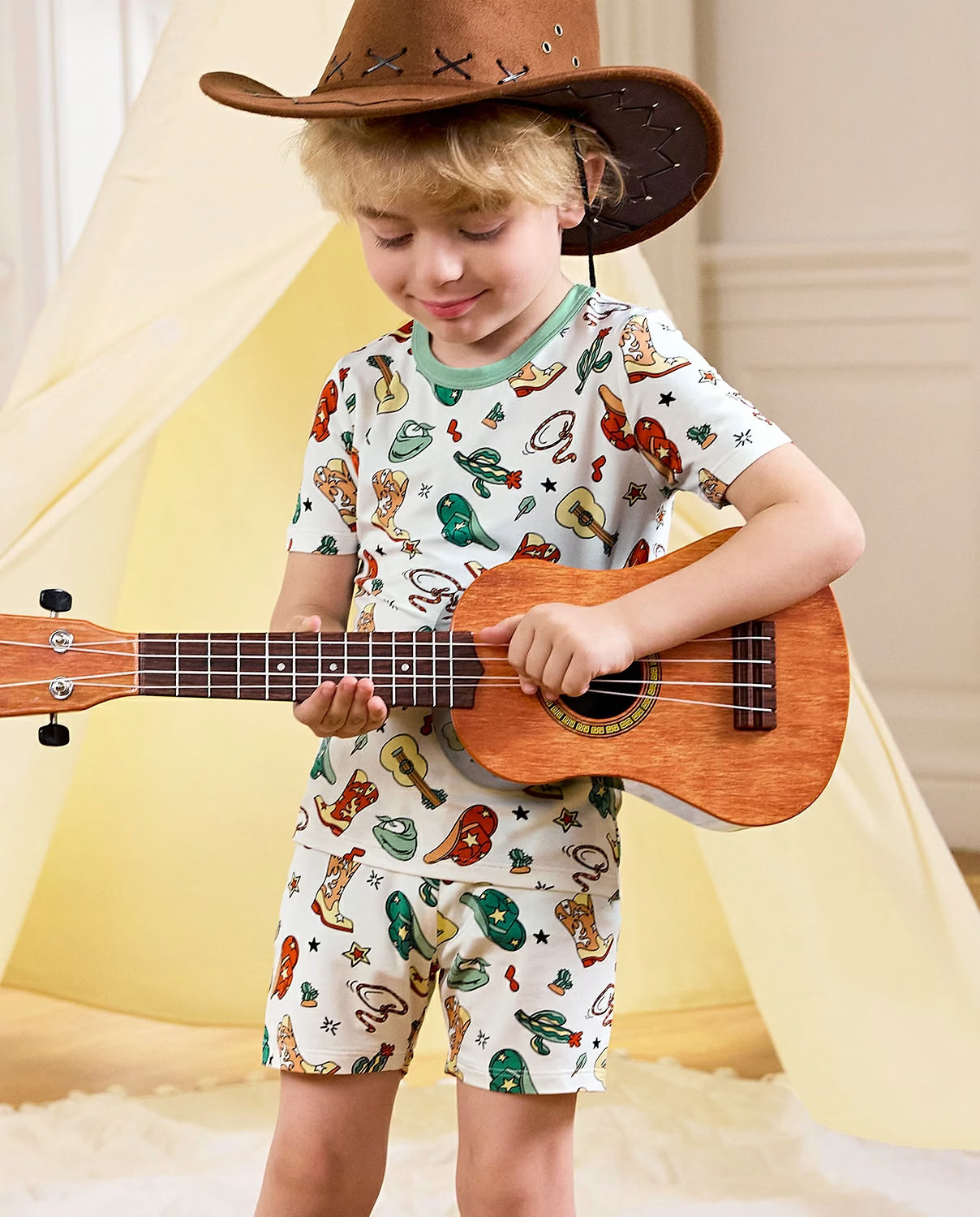 Howdy Cowboy Short Two-Piece Pajama Set, howdy cowboy bamboo short two piece pjs lifestyle 04