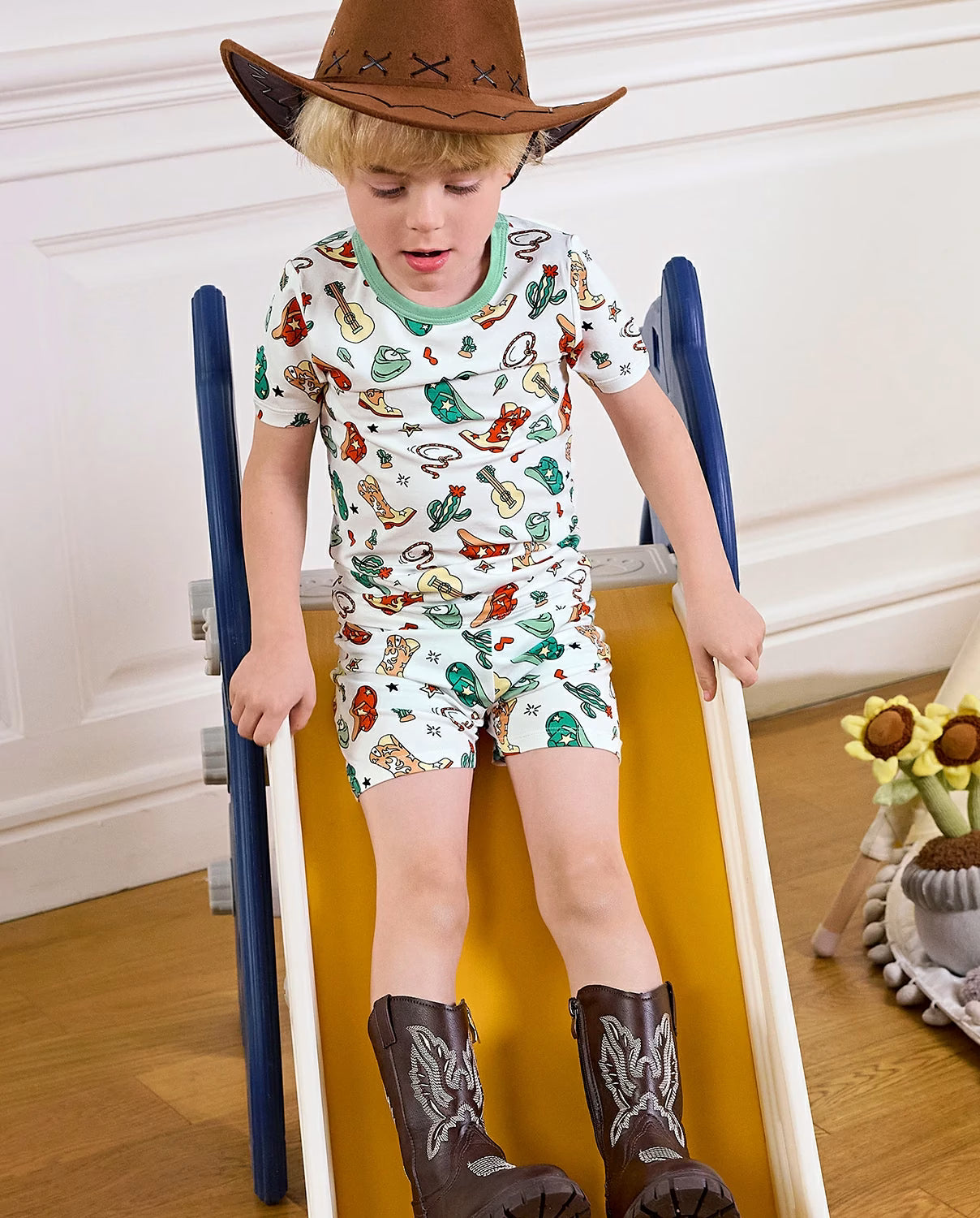 Howdy Cowboy Short Two-Piece Pajama Set, howdy cowboy bamboo short two piece pjs lifestyle 05