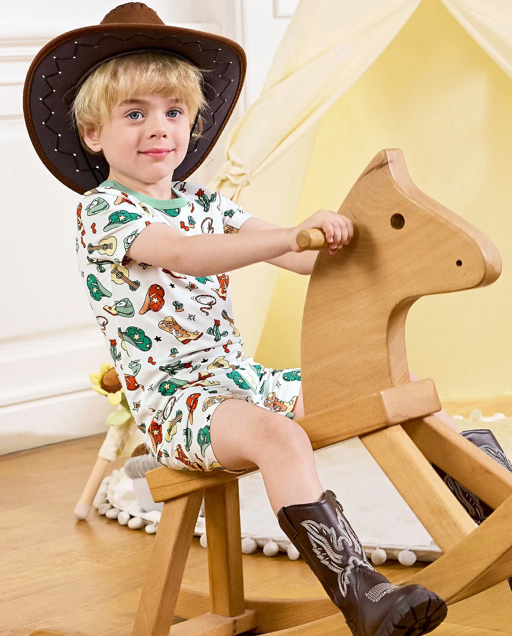 Howdy Cowboy Short Two-Piece Pajama Set, howdy cowboy bamboo short two piece pjs lifestyle 07