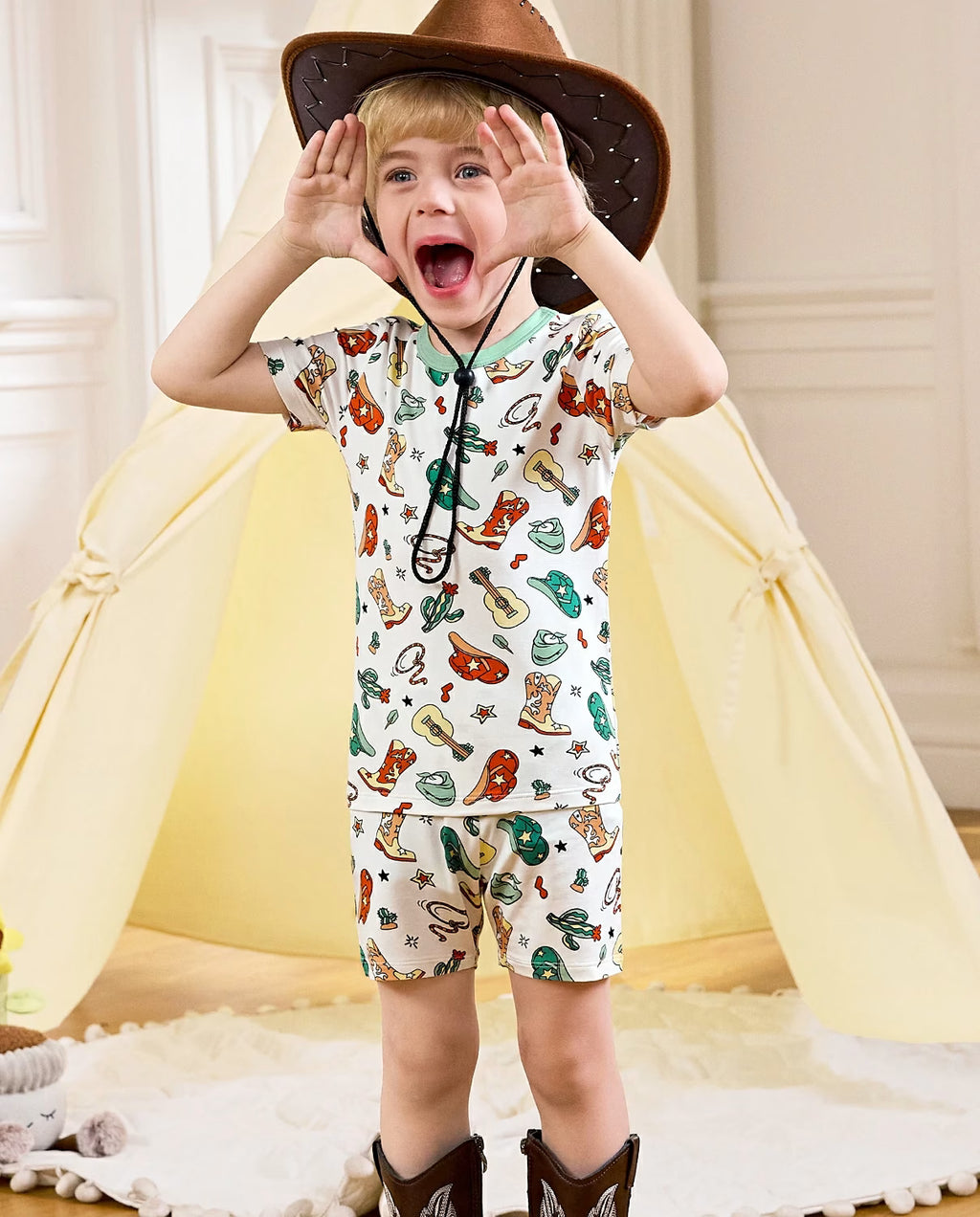 Howdy Cowboy Short Two-Piece Pajama Set, howdy cowboy bamboo short two piece pjs lifestyle 10