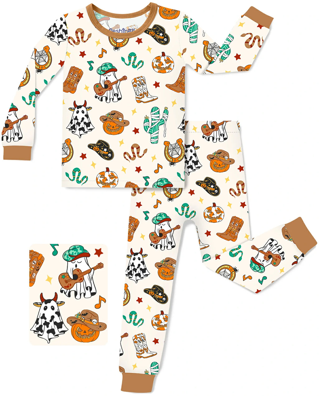 Howdy Halloween Long Two-Piece Pajama Set - pajama top and pants laid flat on white