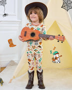 Howdy Halloween Long Two-Piece Pajama Set - child wearing the pajamas with a cowboy hat and ukulele