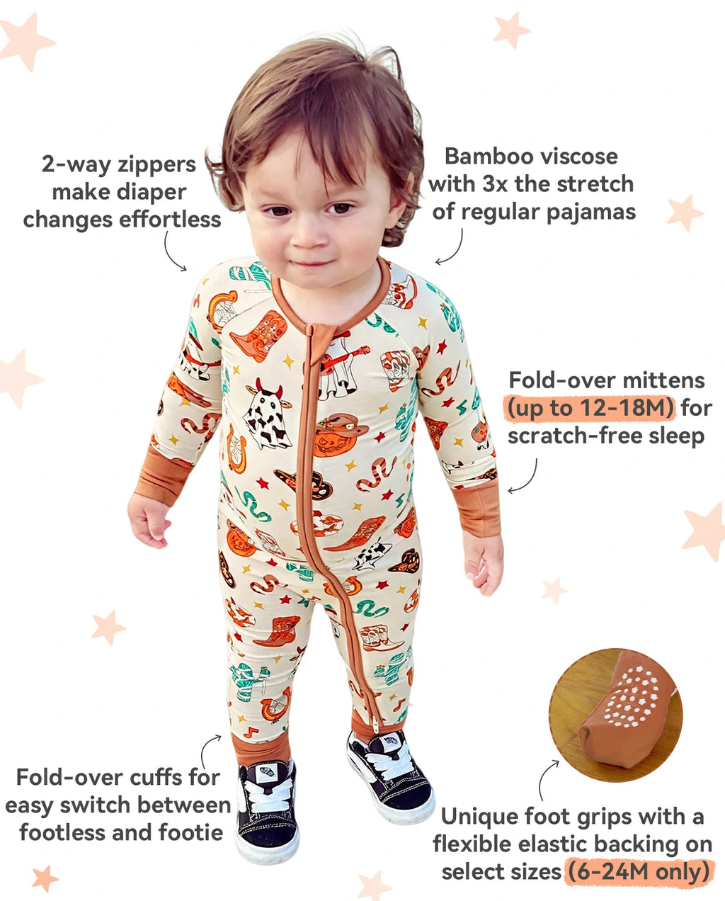 Howdy Halloween Bamboo Zippy feature graphic showing bamboo viscose stretch two-way zipper mittens and foot cuffs