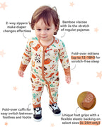 Howdy Halloween Bamboo Zippy feature graphic showing bamboo viscose stretch two-way zipper mittens and foot cuffs