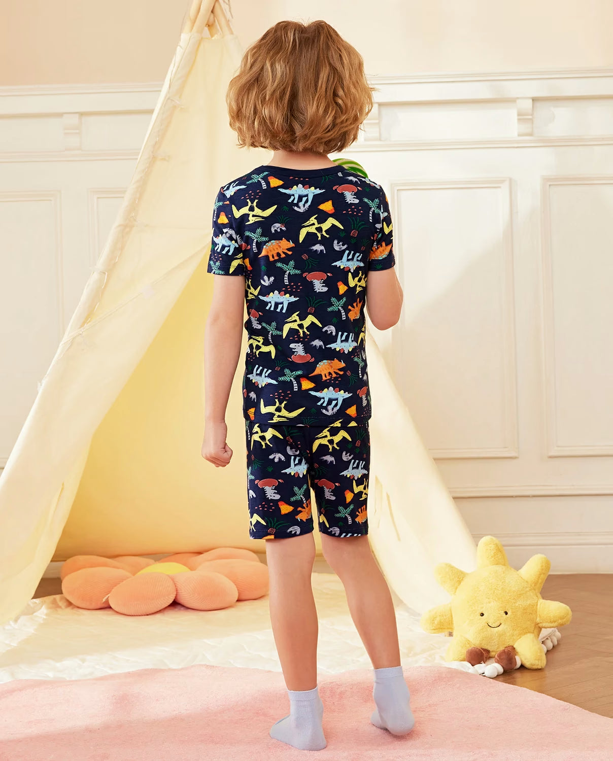 Jurassic Jamboree Short Two-Piece Pajama Set, jurassic jamboree bamboo long two piece pjs lifestyle 02