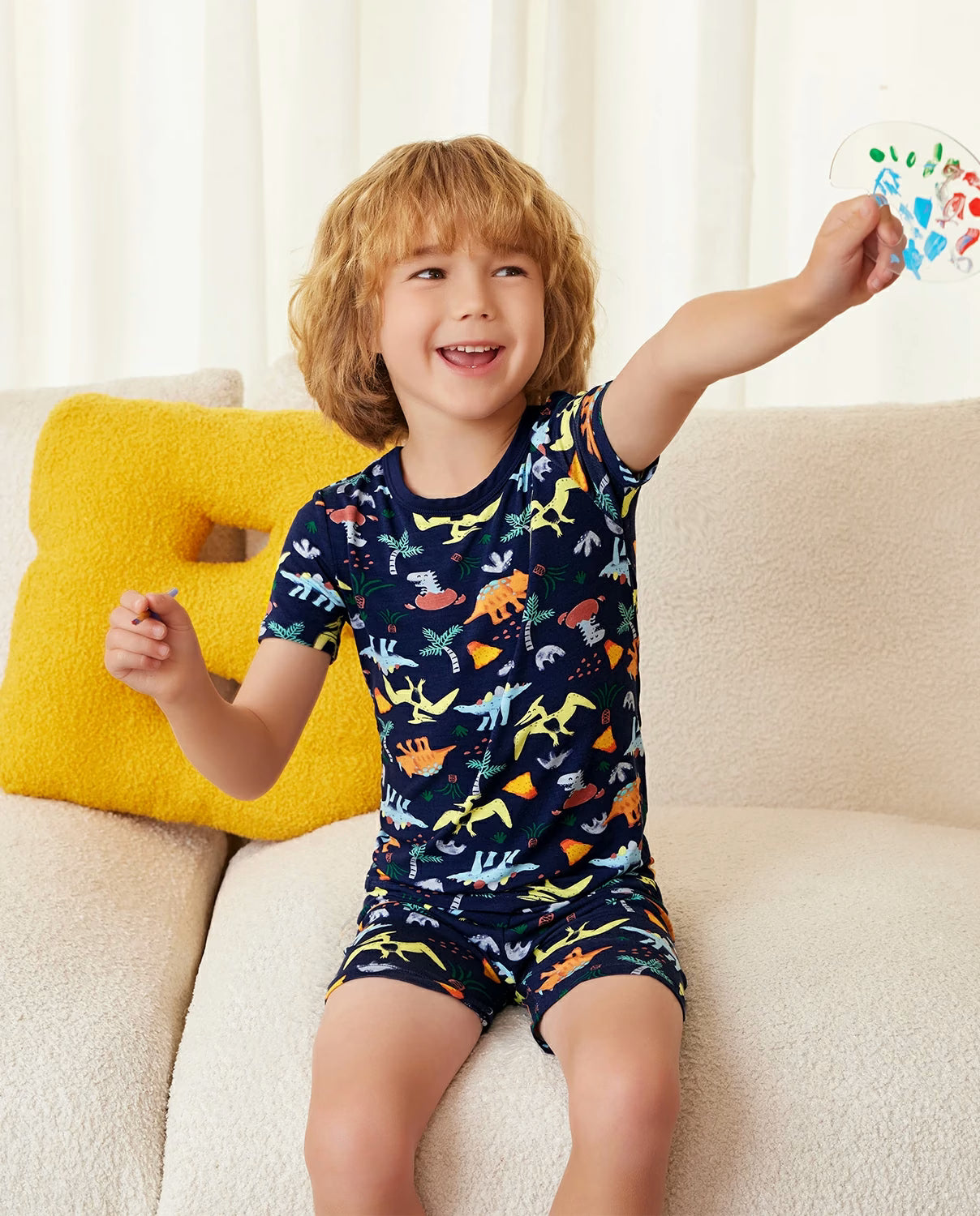 Jurassic Jamboree Short Two-Piece Pajama Set, jurassic jamboree bamboo long two piece pjs lifestyle 03