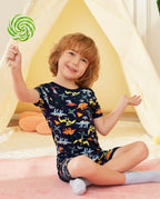Jurassic Jamboree Short Two-Piece Pajama Set, jurassic jamboree bamboo long two piece pjs lifestyle 04