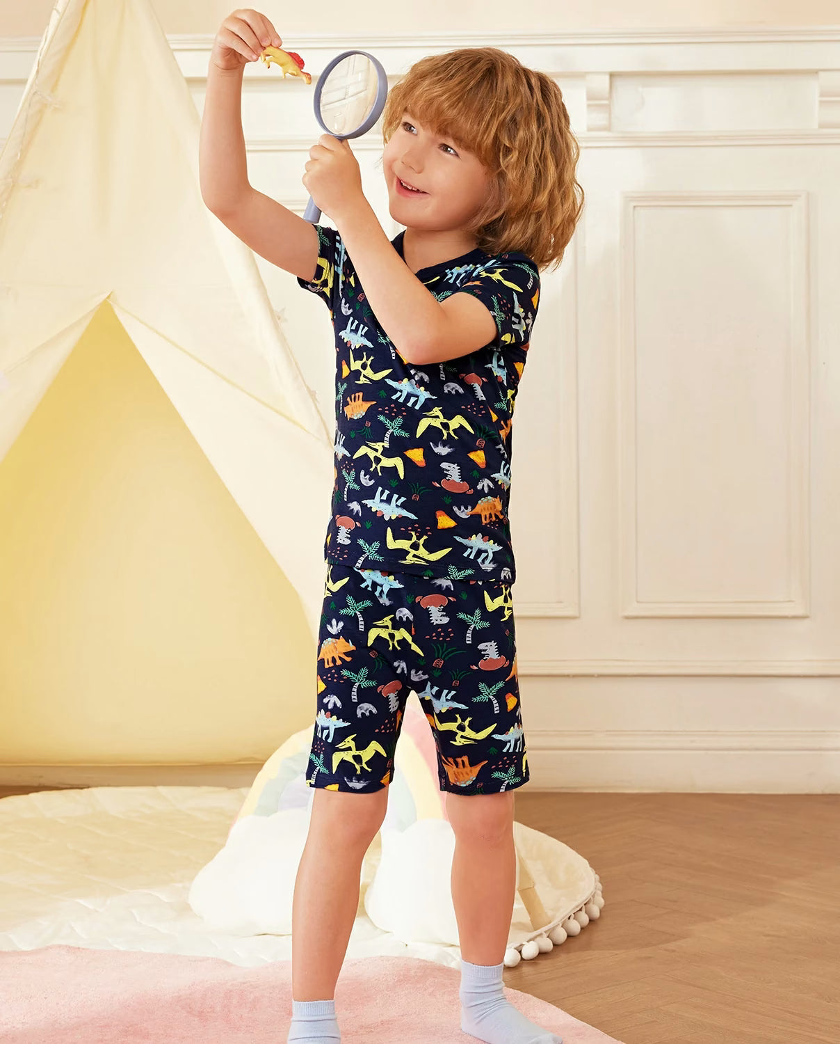 Jurassic Jamboree Short Two-Piece Pajama Set, jurassic jamboree bamboo long two piece pjs lifestyle 05