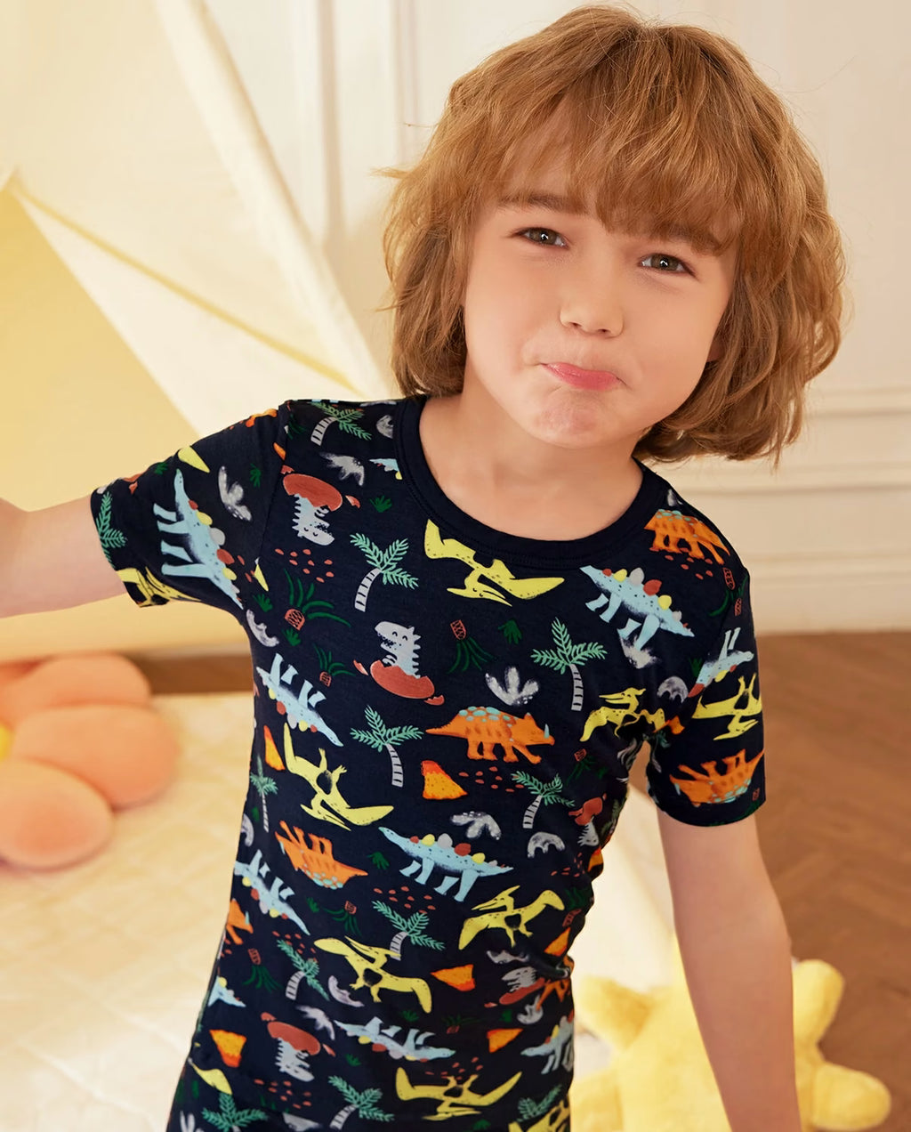 Jurassic Jamboree Short Two-Piece Pajama Set, jurassic jamboree bamboo long two piece pjs lifestyle 07
