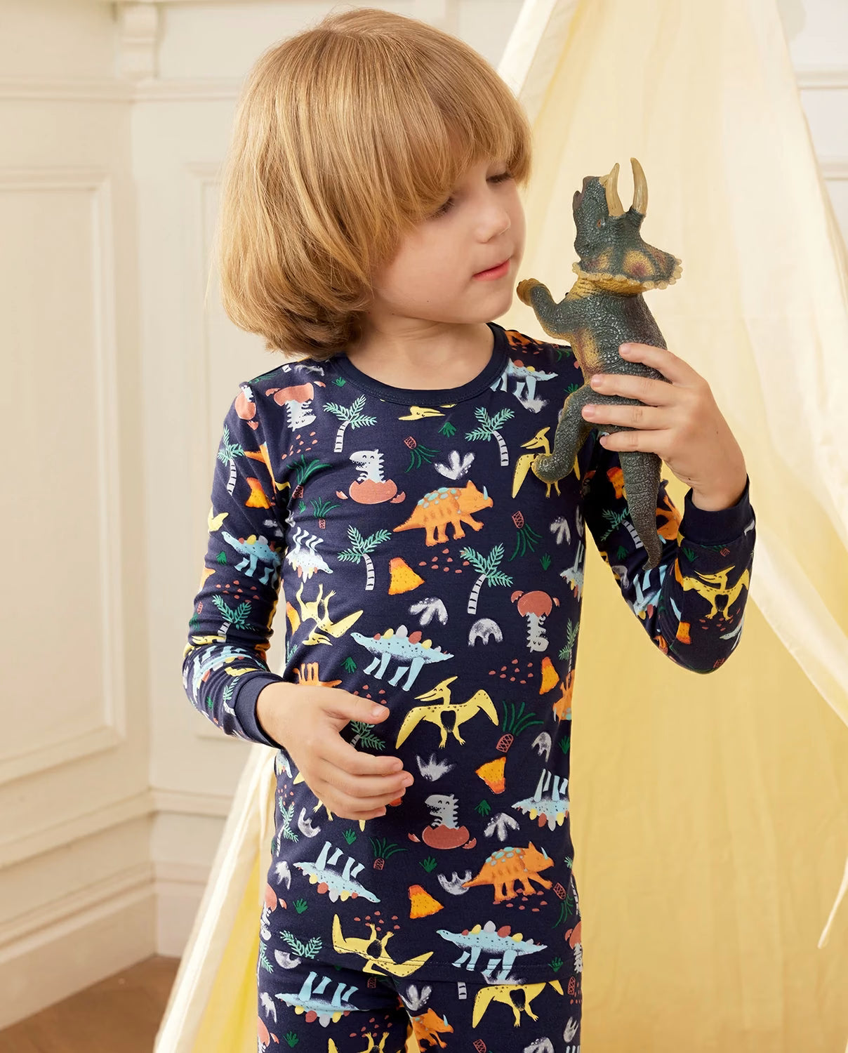Jurassic Jamboree Long Two-Piece Pajama Set, jurassic jamboree bamboo two piece pjs lifestyle 1