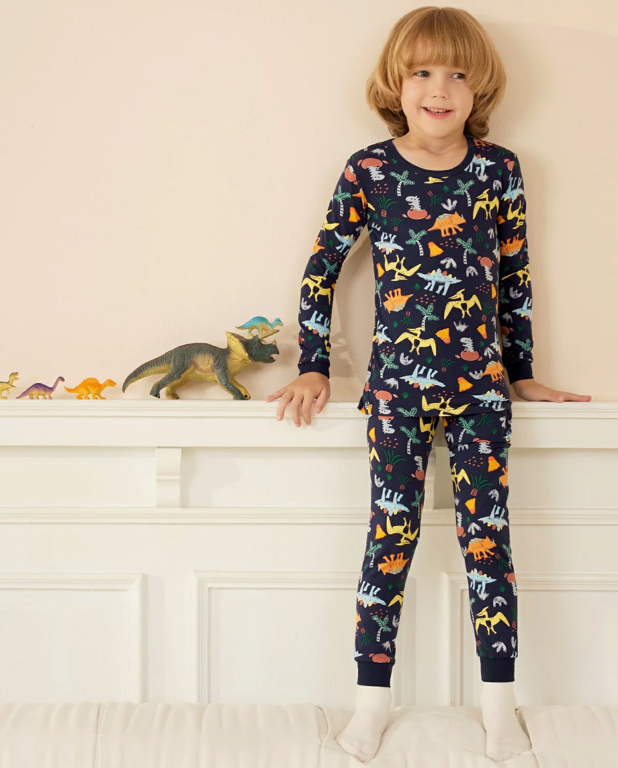 Jurassic Jamboree Long Two-Piece Pajama Set, jurassic jamboree bamboo two piece pjs lifestyle 2
