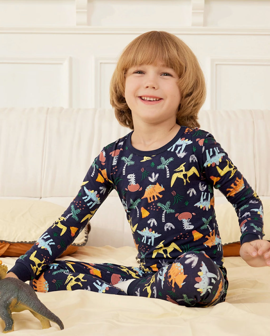 Jurassic Jamboree Long Two-Piece Pajama Set, jurassic jamboree bamboo two piece pjs lifestyle 5