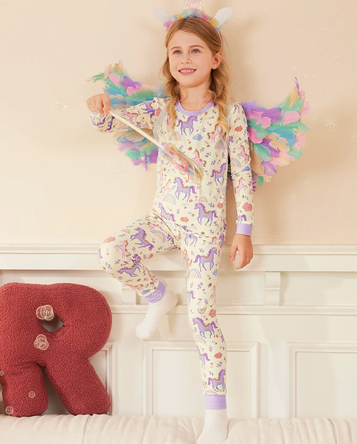 Lavender Unicorn Long Two-Piece Pajama Set, lavender unicorn bamboo two piece pjs lifestyle 1
