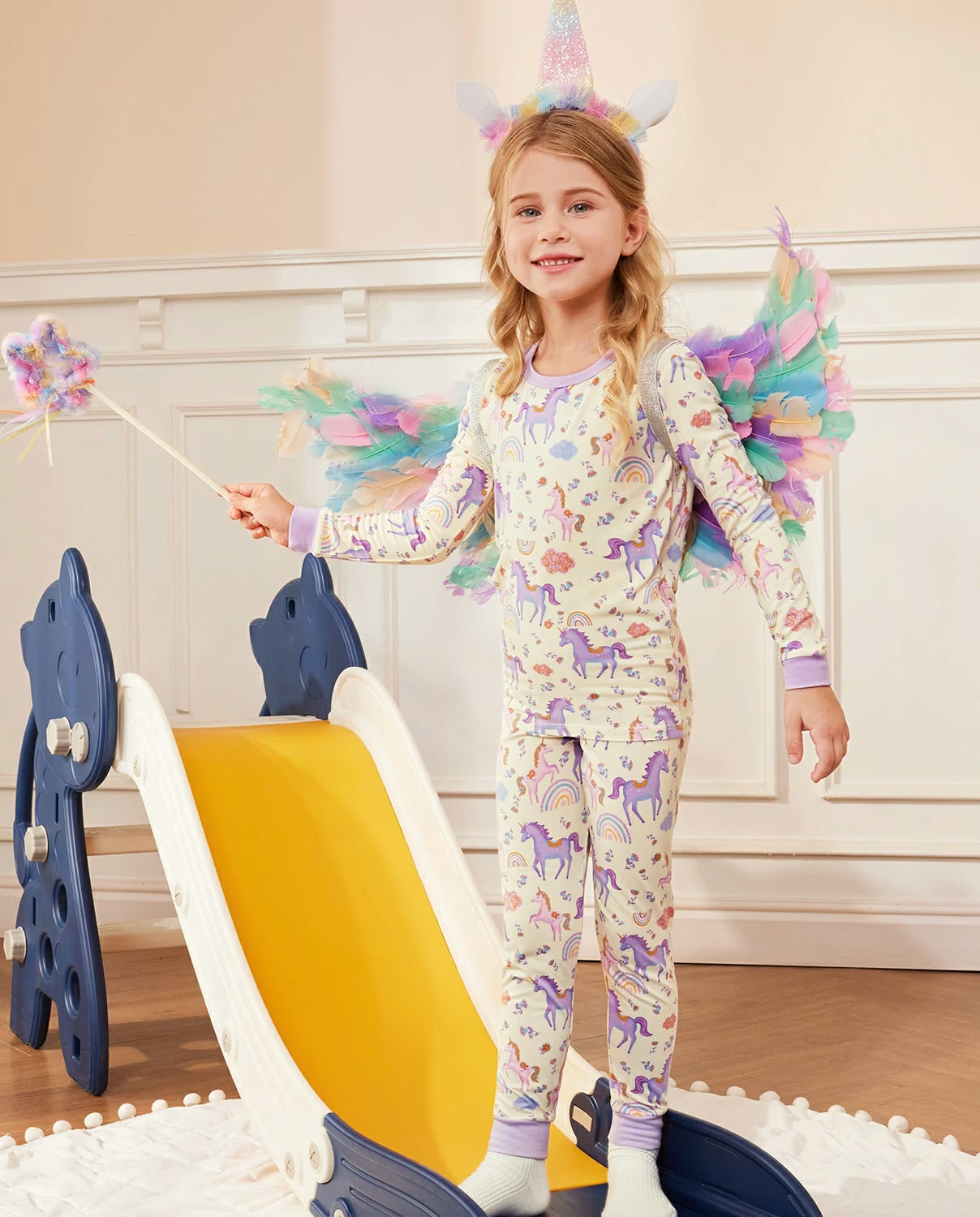 Lavender Unicorn Long Two-Piece Pajama Set, lavender unicorn bamboo two piece pjs lifestyle 2