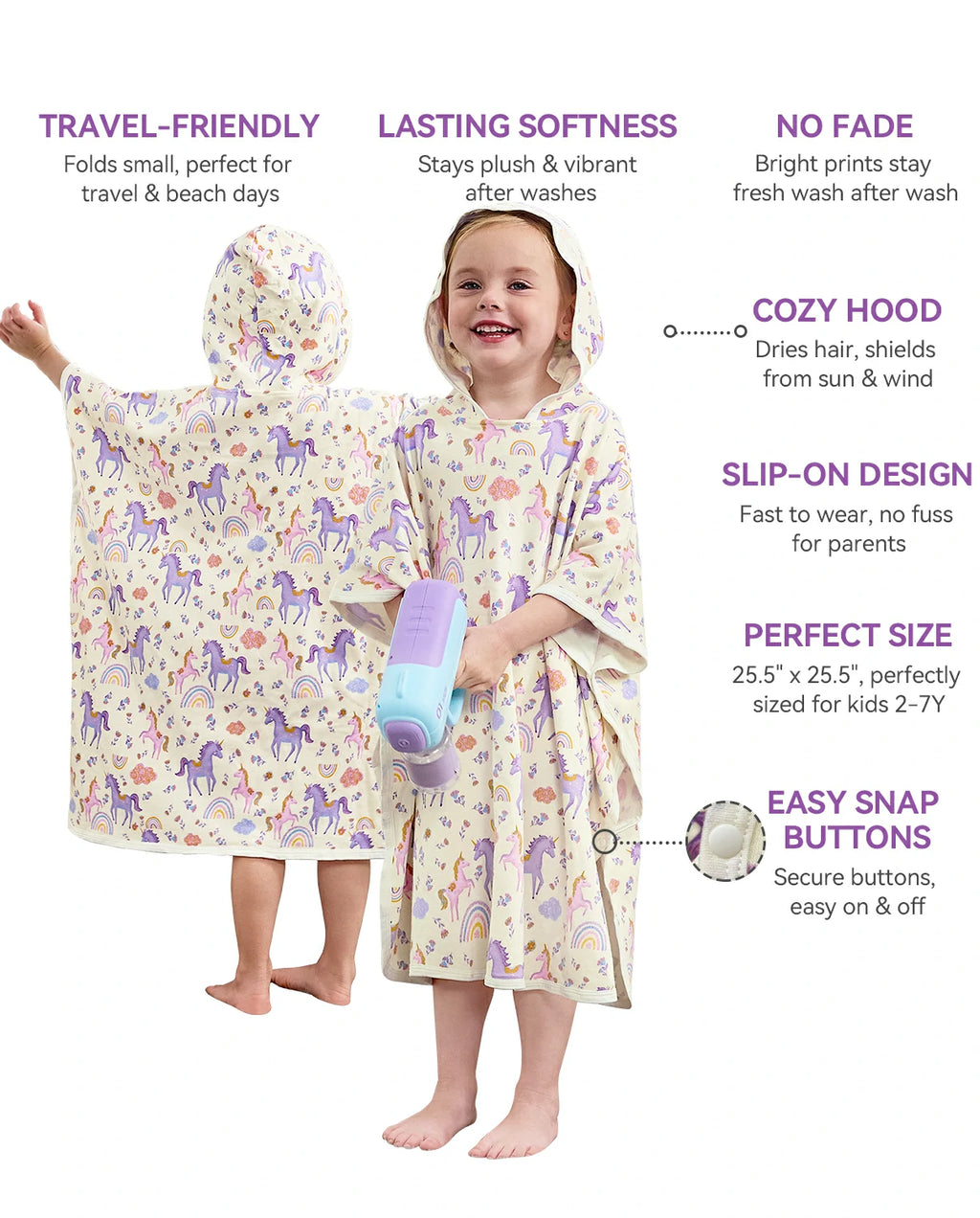 Lavender Unicorn Hooded Toddler Bath Towel - feature infographic showing front and back towel views, hood and snap buttons