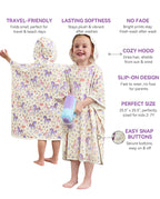 Lavender Unicorn Hooded Toddler Bath Towel - feature infographic showing front and back towel views, hood and snap buttons