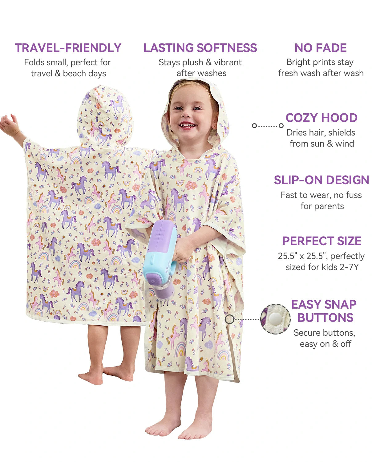 Lavender Unicorn Hooded Toddler Bath Towel - feature infographic showing front and back towel views, hood and snap buttons