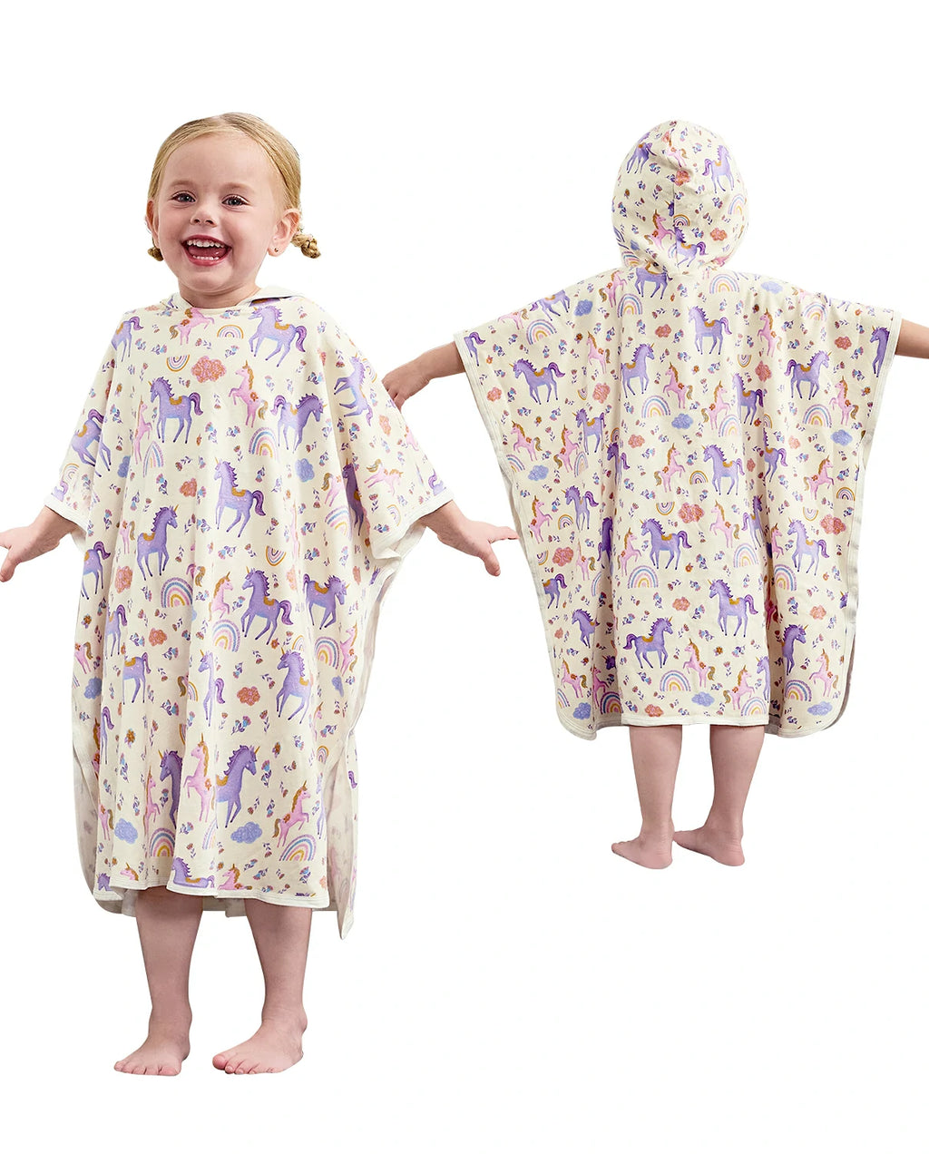 Lavender Unicorn Hooded Toddler Bath Towel - front and back views of the unicorn-print hooded towel